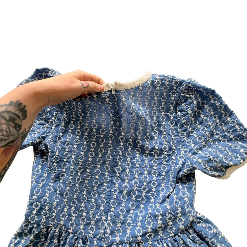 Dress Code Korea Blue White Floral Eyelet Puff Sleeve Wrap Midi Dress Womens - Picture 4 of 9